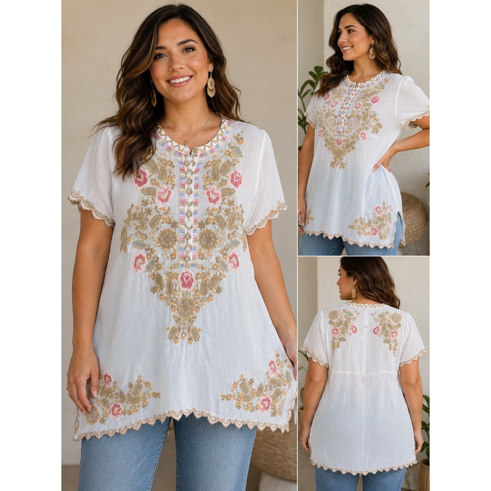 Johnny Was Silk Embroidered Tunic Blouse White Floral Scallop Hem Womens Small